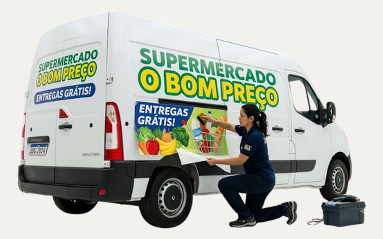 Adesivagem sendo aplicada na lateral de um furgão de entrega